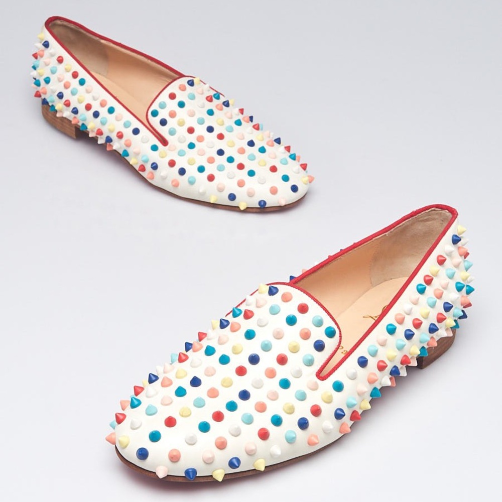 Christian Louboutin White Leather Multicolor Rolling Spikes Flat Size 40